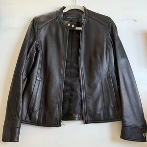 Anne Klein Black Leather Moto Jacket with Stand-Up Collar